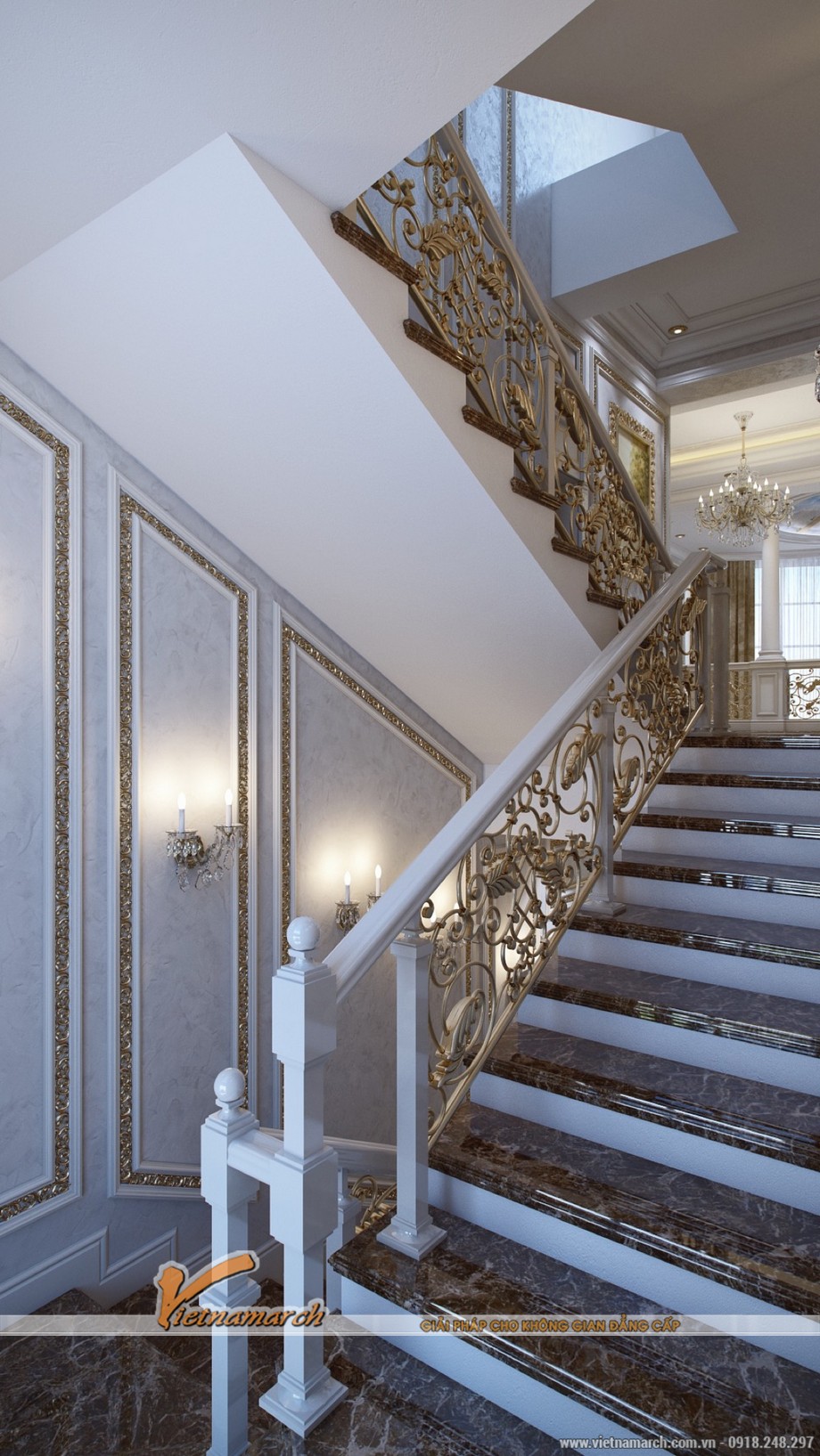5 mẫu thiết kế nội thất mang phong cách cổ điển Louis Pháp > Thiết kế nội thất cổ điển được thể hiện trong những trang trí hoa văn từ cầu thang