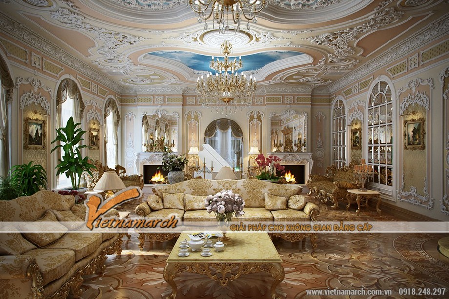 5 mẫu thiết kế nội thất mang phong cách cổ điển Louis Pháp > Màu hồng và xanh được sử dụng nhiều trên tường và trần nhà