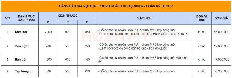 Bảng báo giá nội thất phòng khách gỗ Óc Chó tự nhiên