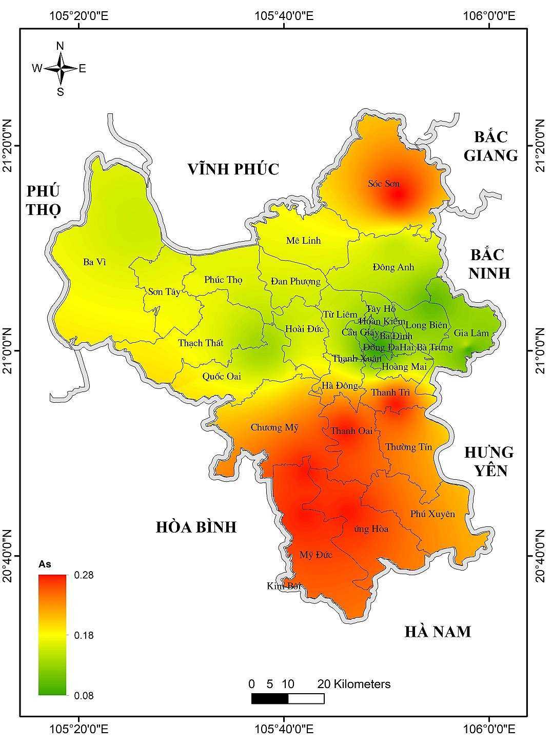 Bản đồ ô nhiễm Asen tại Hà Nội từ 2017-2019 thực hiện bằng chỉ thị rêu Barbula indica.