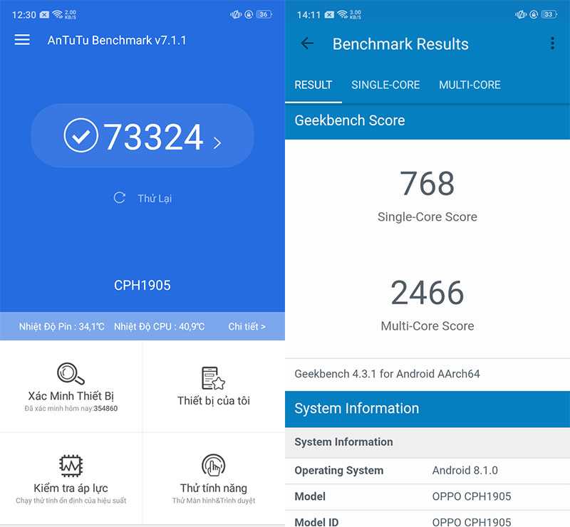 Điểm Antutu Benchmark trên điện thoại OPPO A7 chính hãng