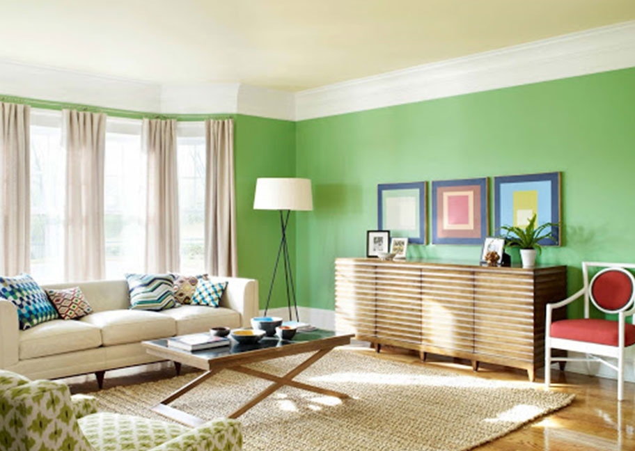 Phối màu sơn tường xanh lá với đồ nội thất