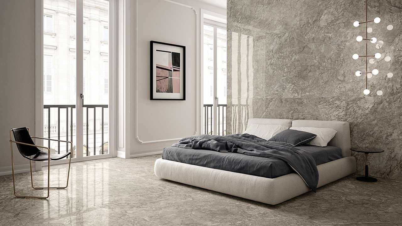 Gạch ốp tường giả vân đá dễ dàng phối màu phù hợp với thiết kế của không gian phòng ngủ.