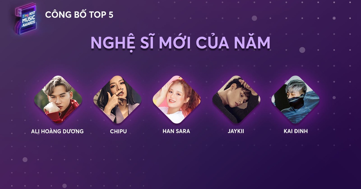 Công bố Top 5 Zing Music Awards 2017