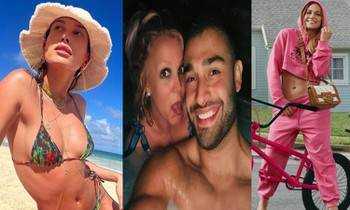 Bà xã Justin Bieber diện bikini bé xíu, Britney Spears tắm chung với tình trẻ 