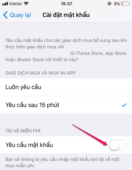 Tắt mật khẩu khi tải App Store trên iPhone