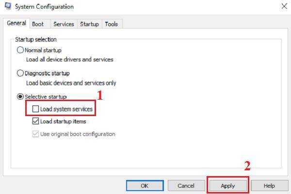 Bỏ chọn ở mục Load startup items, tiếp tục nhấn vào apply