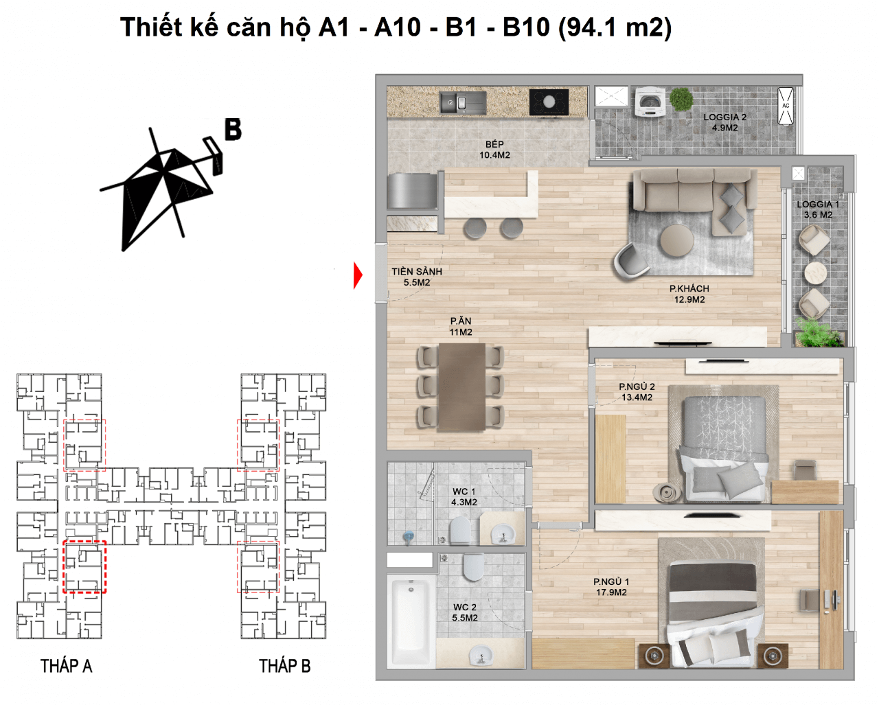 thiết kế căn hộ 2 ngủ 94.1 m2