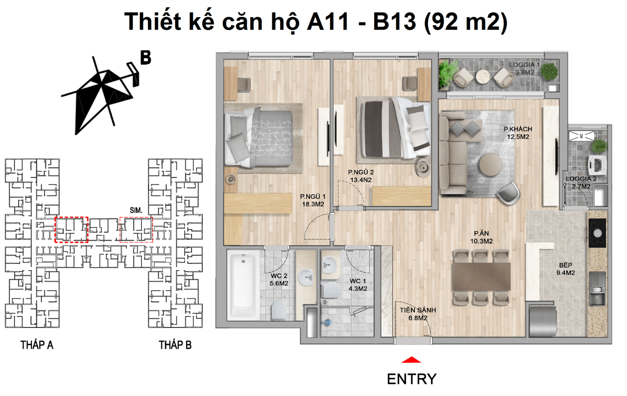 thiết kế căn hộ 2 ngủ 92 m2