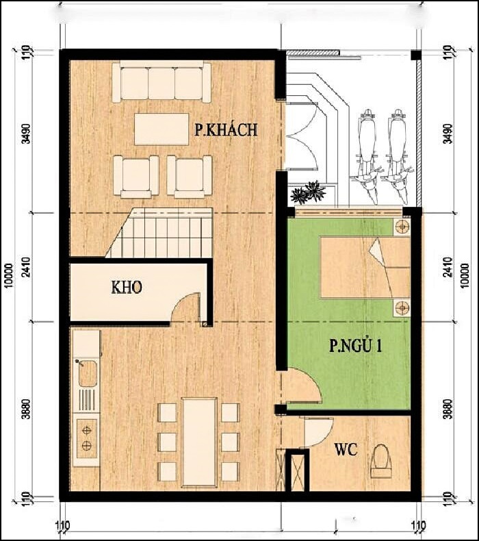 thiết kế bản vẽ nhà chữ l 60m2 mái bằng tầng trệt