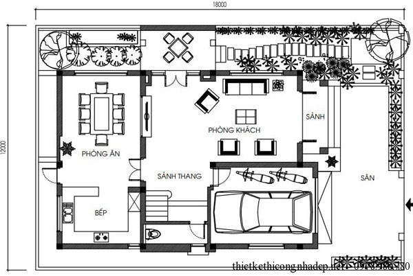 Mặt bằng tầng 1 biệt thự vườn 3 tầng