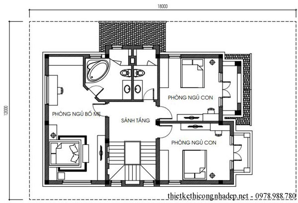 Mặt bằng tầng 2 biệt thự vườn 3 tầng