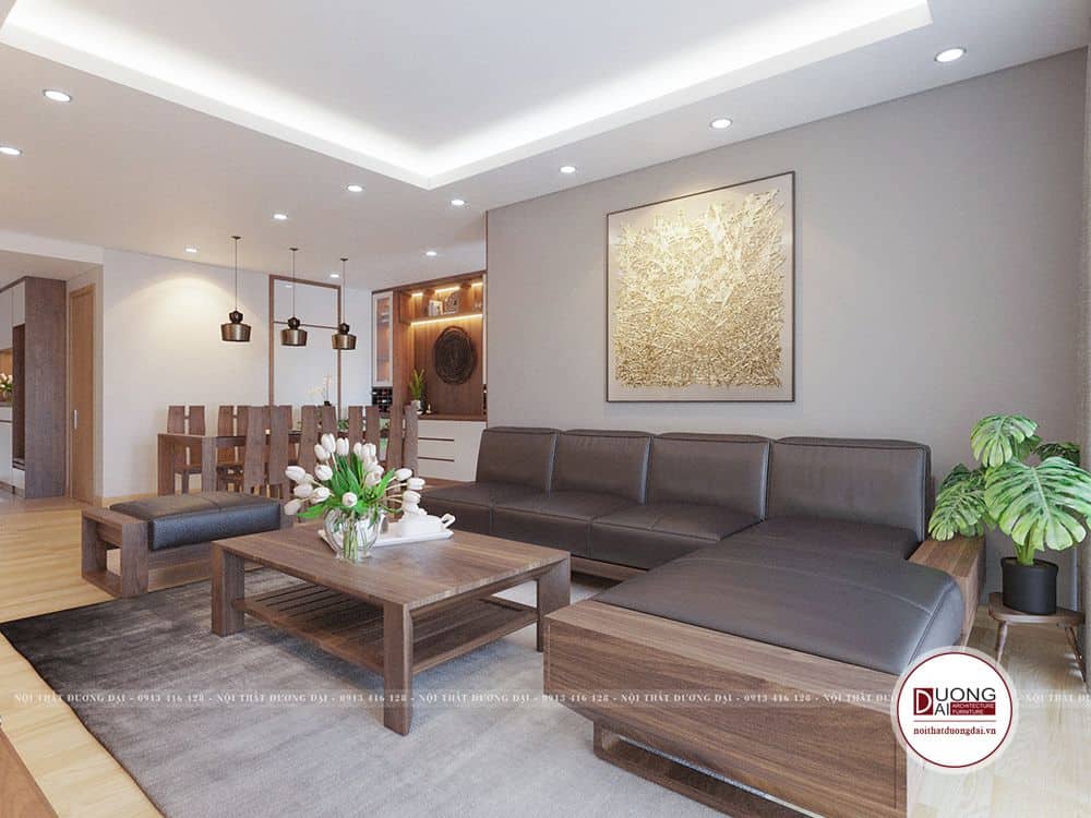 Bộ sofa da khung gỗ tự nhiên óc chó chắc chắn và sang trọng