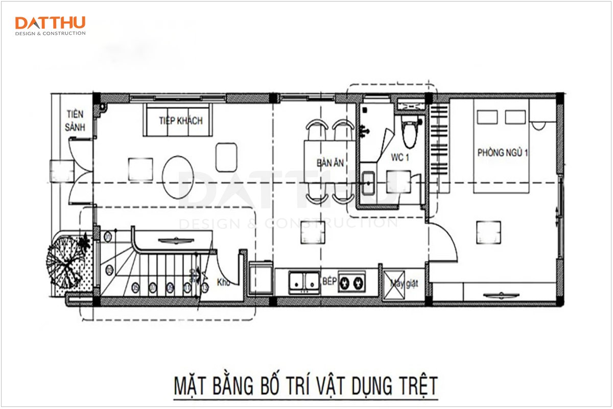 Bản vẽ mặt bằng tầng trệt thiết kế nhà 2 tầng 3 phòng ngủ 60m2