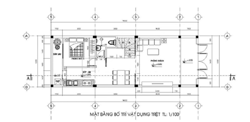 Mặt bằng bố trí nội thất tại tầng trệt nhà 2 tầng 70m2