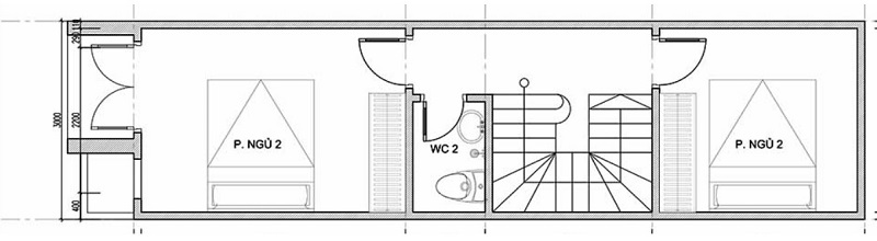 Bản vẽ thiết kế nhà 2 tầng 70m2 tại tầng 2