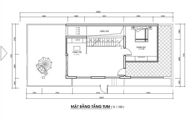 Bản vẽ thiết kế nhà 2 tầng 70m2 tại tầng tum