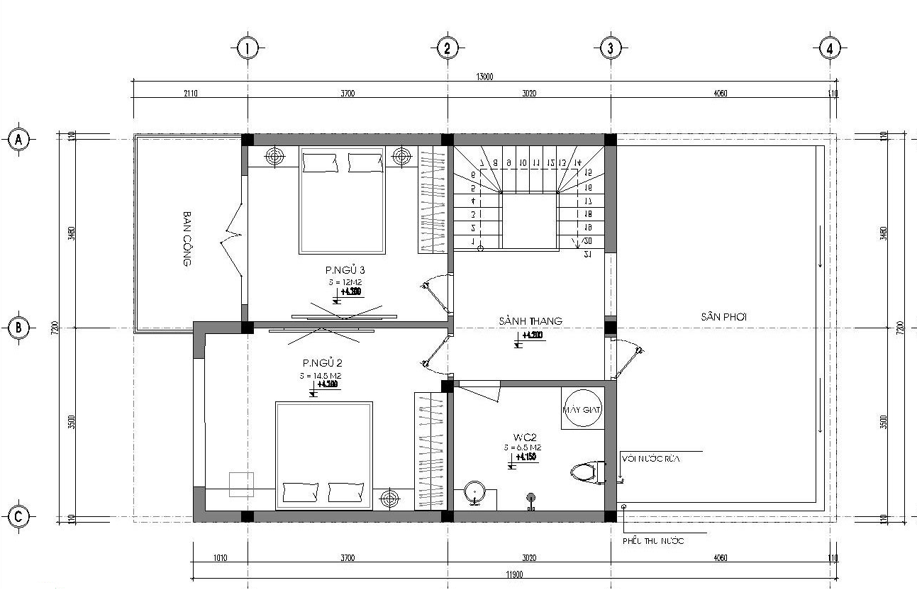 thiết kế nhà 2 tầng 7x11m