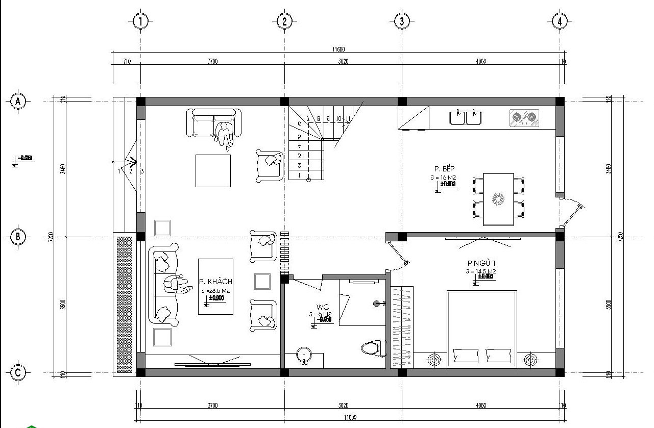 thiết kế nhà 2 tầng 7x11m