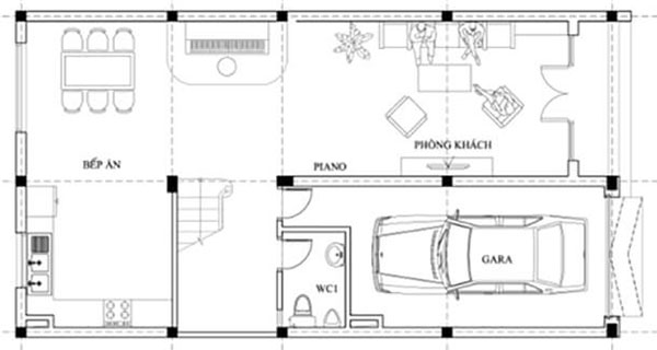 Bố trí gara kết hợp phòng khách nhằm đảm bảo diện tích sử dụng cho thiết kế nhà nhỏ đẹp 40m2