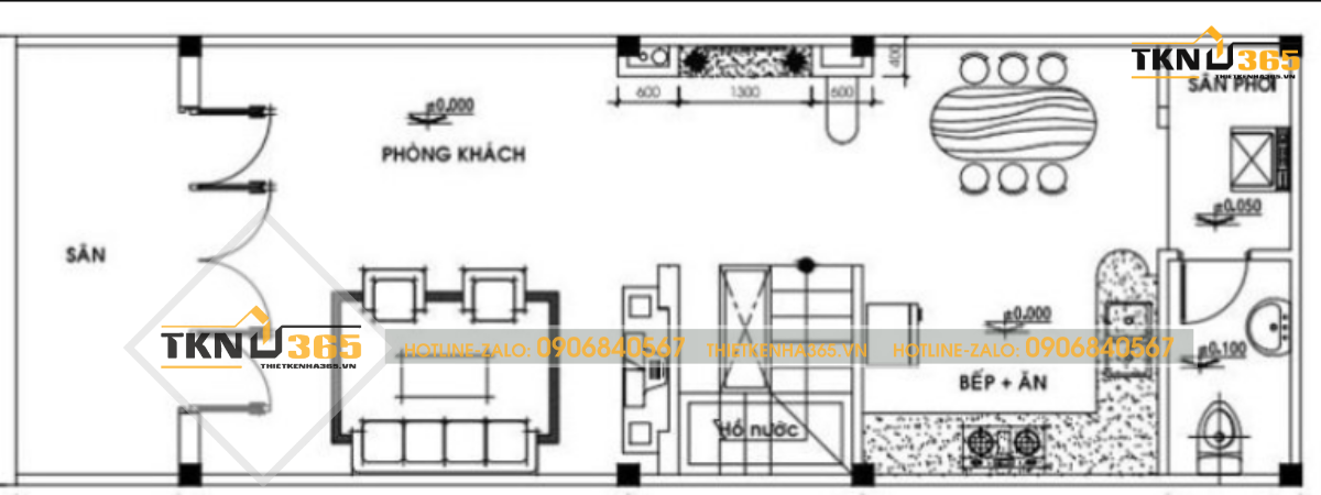 Bản vẽ thiết kế tầng trệt của ngôi nhà 1 tầng 5x15m