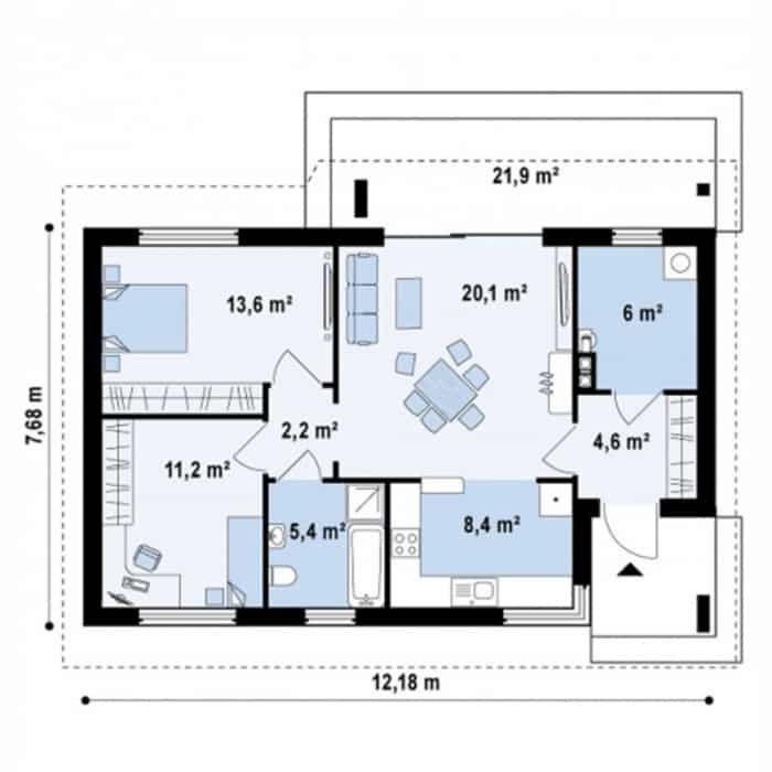 thiết kế nhà cấp 4 2 phòng ngủ 19