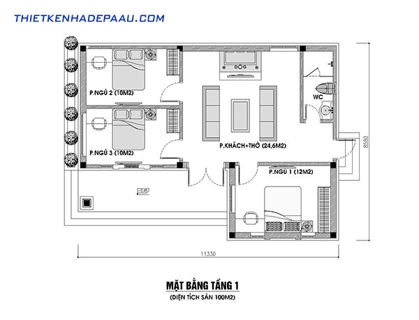 mặt bằng bố trí 3 phòng ngủ trên diện tích 100m2