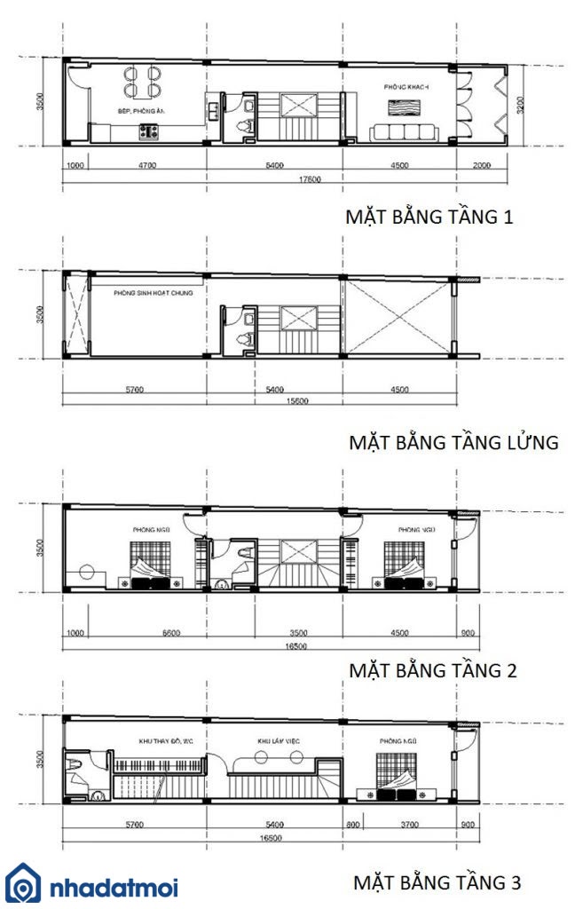 Sơ đồ mặt bằng các tầng nhà mặt tiền 3,5m