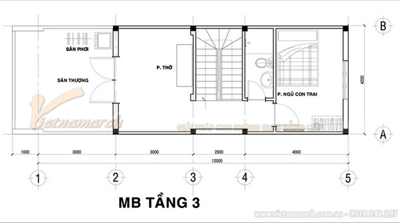 17++ mẫu nhà phố nhà ống đẹp 30m2 hiện đại không thể rời mắt chỉ dưới 500 triệu > Thiết kế mặt bằng tầng 3 của mẫu nhà ống 30m2 giá cực rẻ - 3 tầng giá khoảng 700