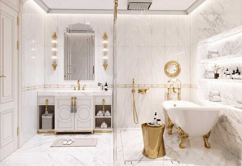 Phòng tắm thiết kế theo phong cách tân cổ điển với nhiều chi tiết mạ vàng