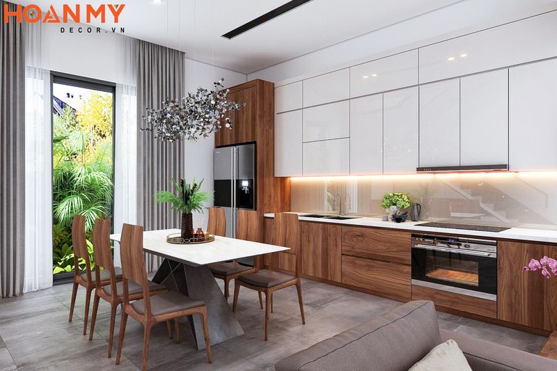 Không gian nội thất phòng bếp được thiết kế hiện địa tận dụng triệt để ánh sáng tự nhiên