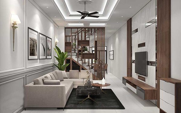 Thiết kế nội thất phòng khách với chất liệu gỗ đặc trưng