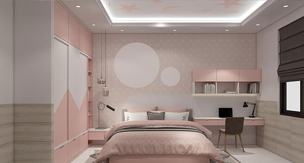 Nội thất phòng ngủ con với tồng hồng chủ đạo kết hợp chi tiết trang trí độc đáo 