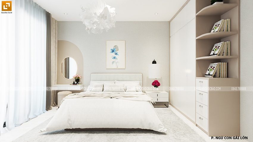 Mỗi phòng ngủ đều sử dụng giường ngủ thông minh, kệ đặt tivi và các họa tiết trang trí trên tường
