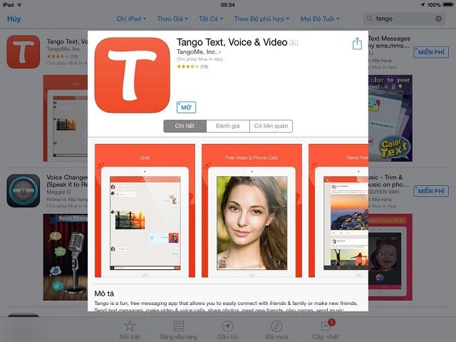 Dễ dàng tải Tango trên kho ứng dụng của Apple