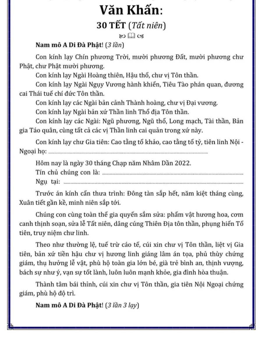 van khan 30 tet - Văn khấn tất niên cuối năm - Bài cúng 30 Tết Qúy Mão