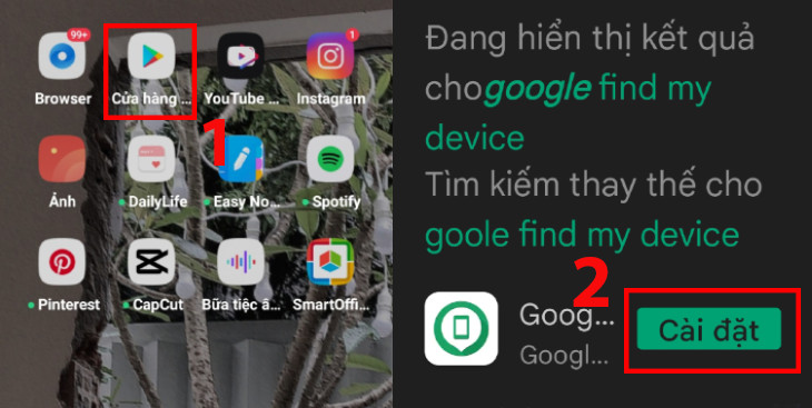Vào cửa hàng Google Play > Tải ứng dụng Google Find My Device.