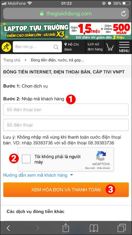 Thanh toán cước Internet VNPT qua Thế giới Di động/Điện máy XANH